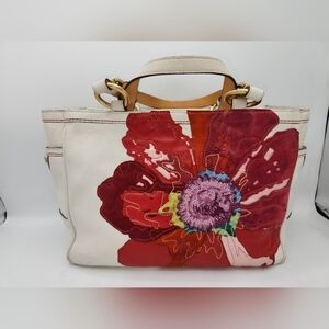 Poppy Limited ED Peace Gallery White Red Pink Purple Floral Leather Tote.